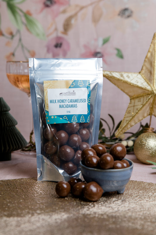 Milk Chocolate Honey Caramelized Macadamia Nuts - Christmas Edition